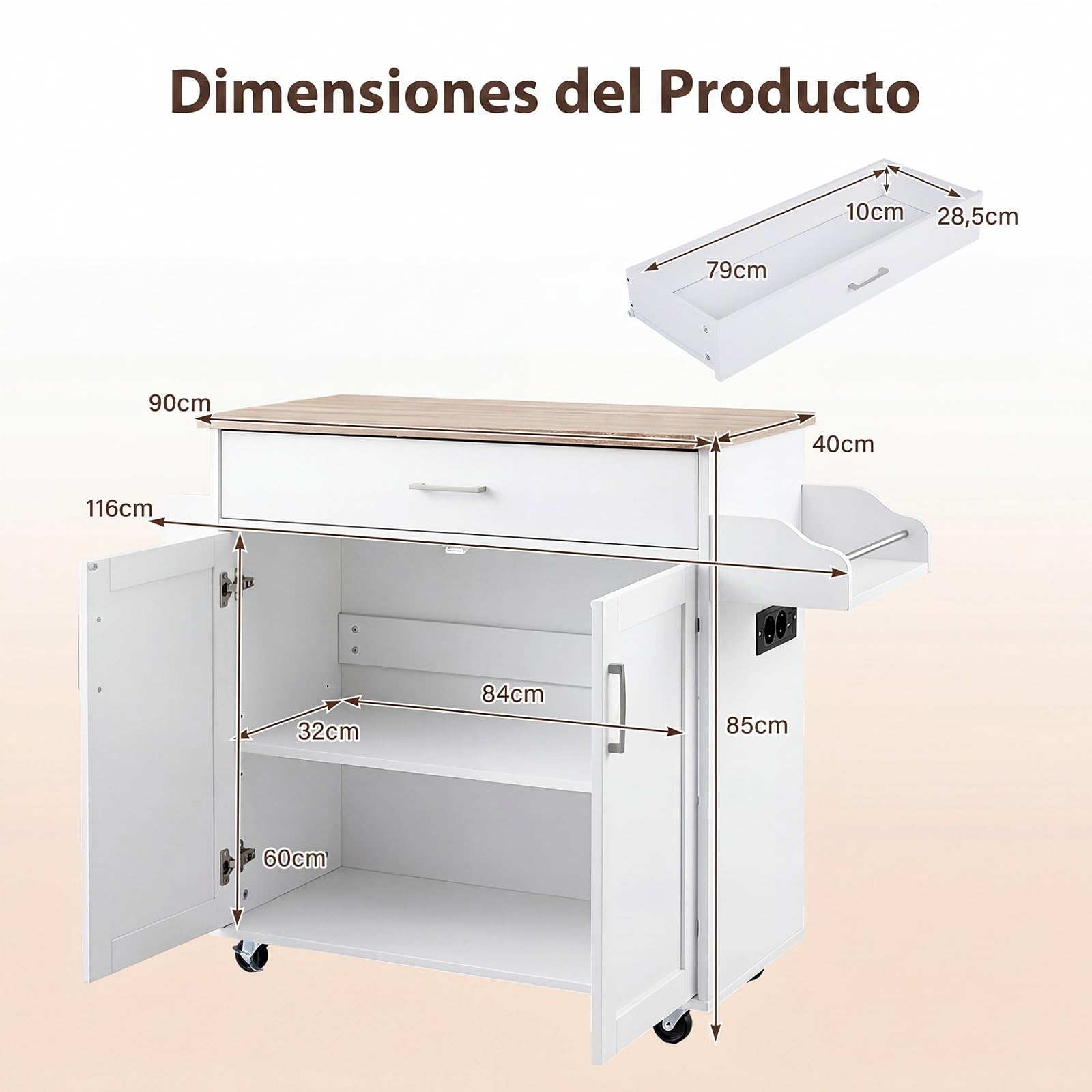 COSTWAY Carro de Servicio Comedor con Ruedas,Toallero,Cajón, Puerta y Estantes Gabinete, Carrito de Cocina con Alargador, Mueble de Cocina,Blanco