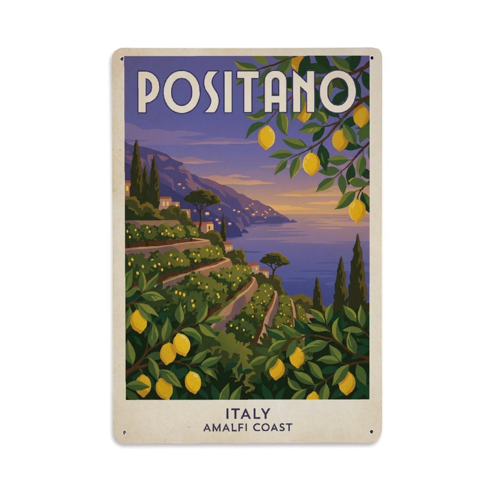 Vintage Travel Positano Italy Twilight Metal Tin Sign Plaque Wall Decor for Cafe, Club Bar, Office, Garden Metal Poster 8x12Inch