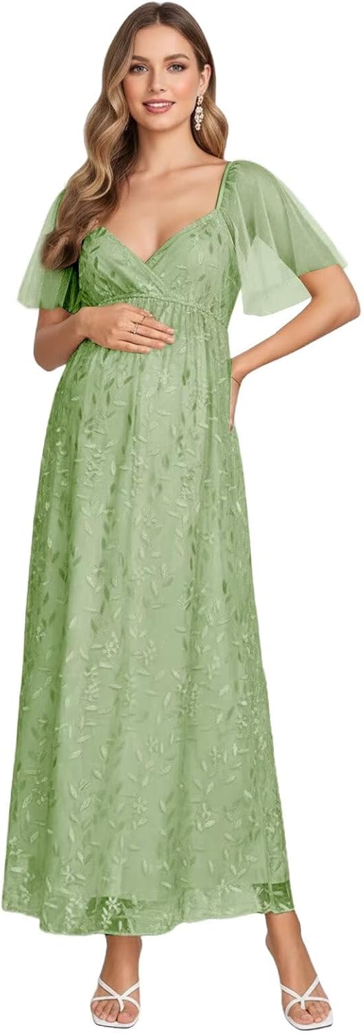 V-Neck Tulle Maternity Dresses for Photoshoot Pregnancy Flutter Sleeve Embroidered Baby Shower Dress