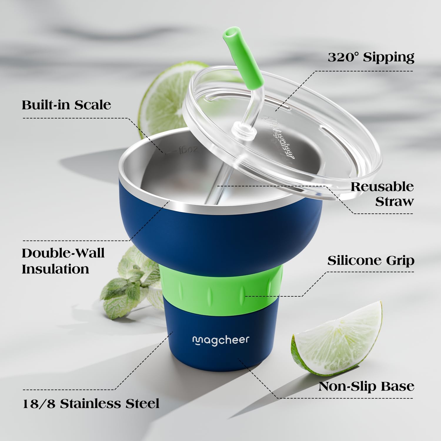 magcheer 500ml Potable Margarita Tumbler Isoliert | Travel Margarita Cup mit Deckel & Strohhalm | Cocktail Gläser to Go | Tolles Geschenk für Poolpartys und Urlaub(Dunkelblau)