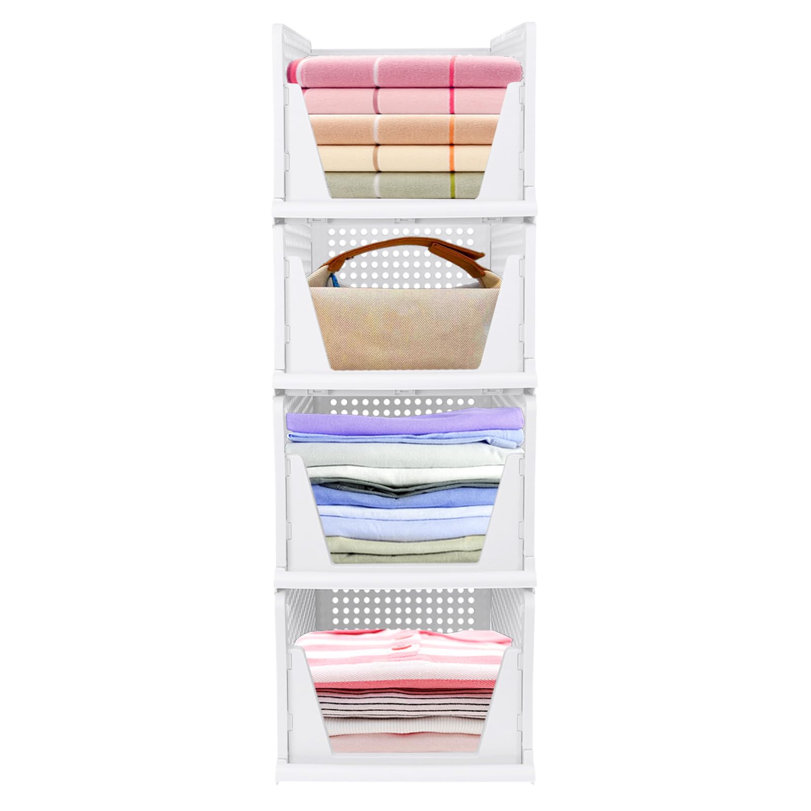 Rangement Vetement,Design perforé avec compartiments coulissants, Organisateur Armoire empilables Boite Rangement pour chambre/cuisine/salle de bain,33,5 x 43 x 96 cm,4 niveaux (25 cm) Blanc