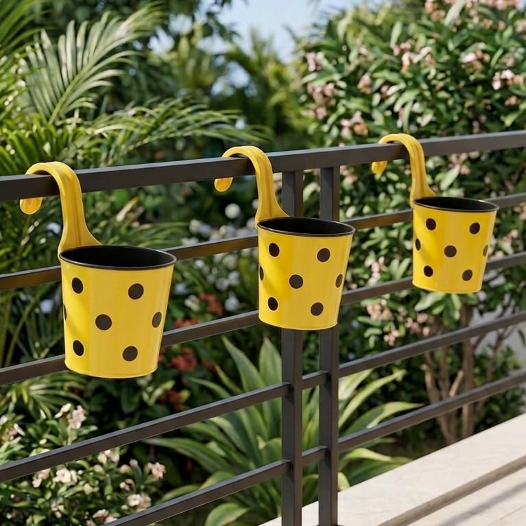 Image of Premium Hook Planter with Inner Pot | Polka Dot Hanging Planter for Balcony & Railings | Sturdy Plastic | Built-in Drainage | Vibrant Colours | Indoor & Outdoor Gardening (3, Yellow)