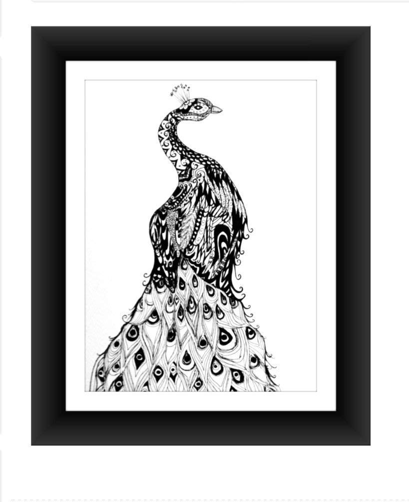 Peacock Zentangle Pen and Ink Print Home Décor Artwork