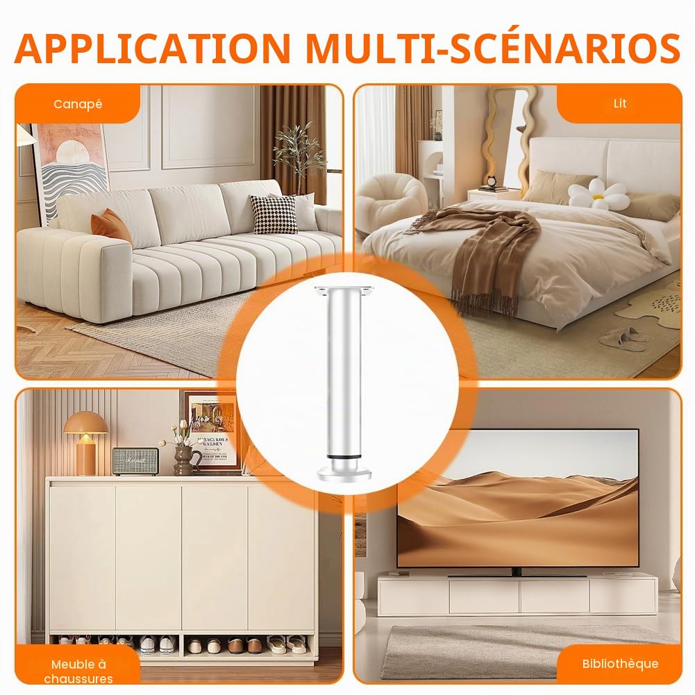 Lot de 4 Pieds de lit réglables en Hauteur 18-30 cm - Supports Universels en Métal pour Sommier à Lattes, Armoire, Canapé - Kit de renforcement Robuste pour Meuble et Lit - Blanc