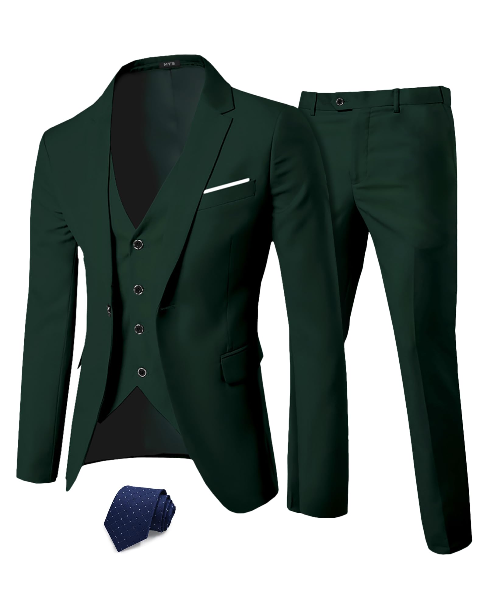 MY'S Men's 3 Piece Suit Set with Tie, One Button Slim Fit Solid Jacket Vest Pants, Prom Party Wedding Business Suits for Men, Deep Green X-Small