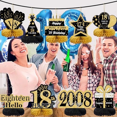 Image of 9Pcs Black Gold 18th Birthday Decorations Honeycomb Centerpieces for Boys Girls,Happy 18th Birthday Centerpieces Tables Toppers Party Decorations Supplies,Vintage 2008 Aged Table Sign Decor