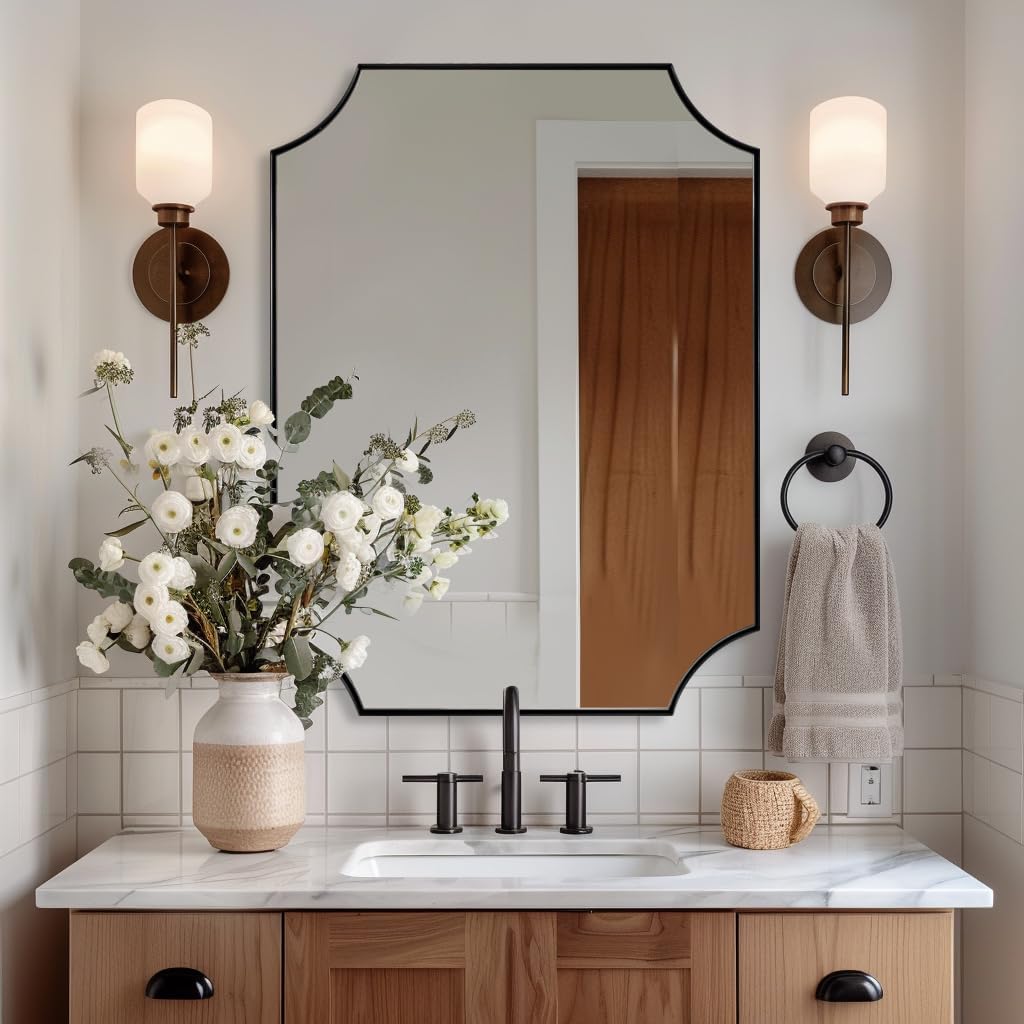 ANDY STAR Matte Black Bathroom Mirror, 22x30'' Scalloped Mirror for Bathroom, Unique Rectangle Bathroom Mirror in Premium Stainless Steel Frame, Deep 1", Ideal for Limited Space