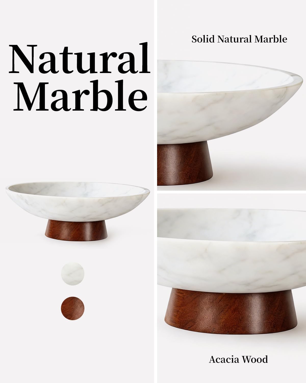 Marble Decorative Bowl, 11” Large Centerpiece for Table, Fruit Bowl for Kitchen Counter, Coffee Table or Entryway Decor, Modern Stone with Wood Base, Housewarming Gift - White