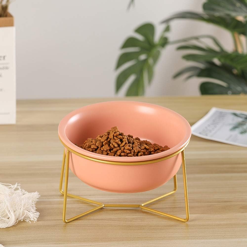 Orange Large Ceramic Tilted Elevated Cat Dog Bowl Raised Cat Food Water Bowl Dish Pet Comfort Feeding Bowls with Gold Iron Stand