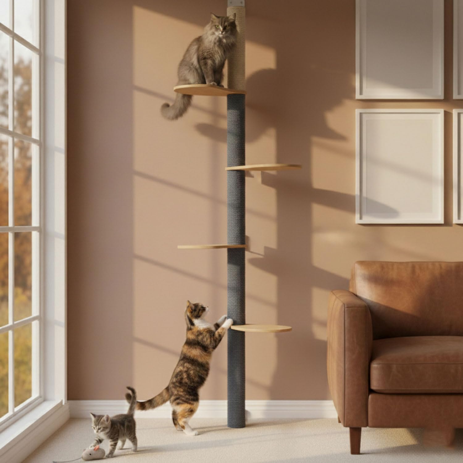 eyepower 205 cm Rascador de Pared Luna con 4 Plataformas de Bambú - Árbol para Gatos con Estanteria - Columna de Sisal Natural - Recorrido de Estantes - Torre Gato Estable - Poste Alto Fijación Mural