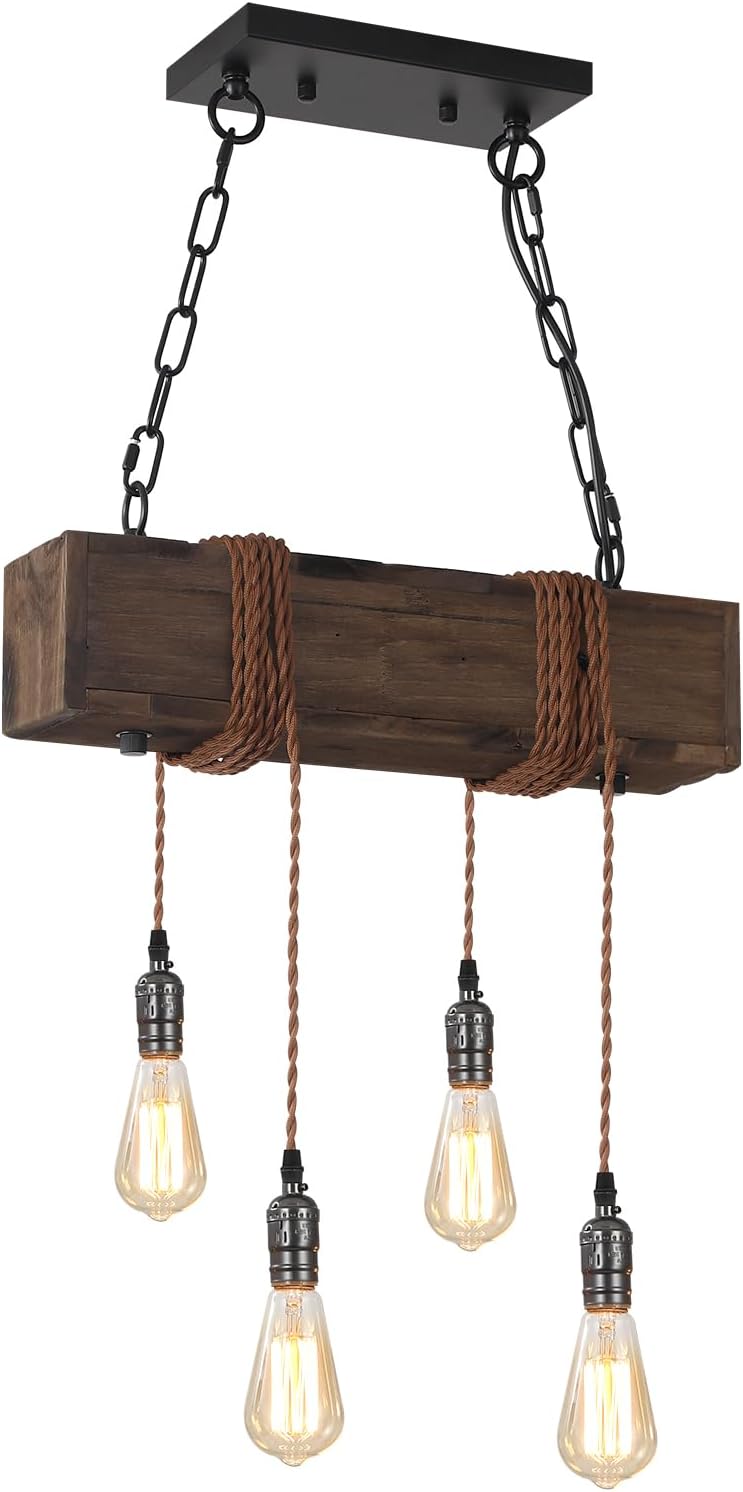 KEESFU 4-Lights Farmhouse Pendant Lights Kitchen Island, Rustic Wooden Ceiling Hanging Light, Height Adjustable, Dining Room Chandelier for Kitchen Island Dining Room Bar Pool Table Cabin.
