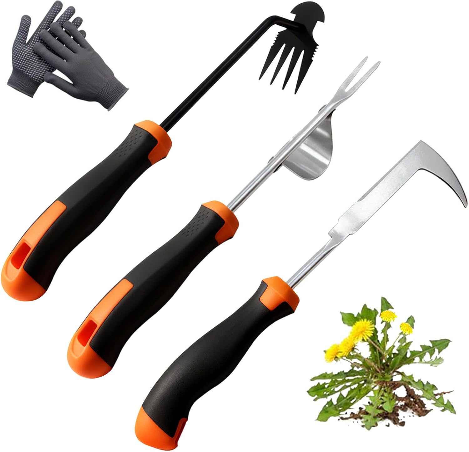 Bretread 3-Pack Stainless Steel Weed Puller Tools - V-Shape Uprooter, 4-Tine Extractor & L-Shaped Crevice Weeder for Gardens, Lawns & Cracks