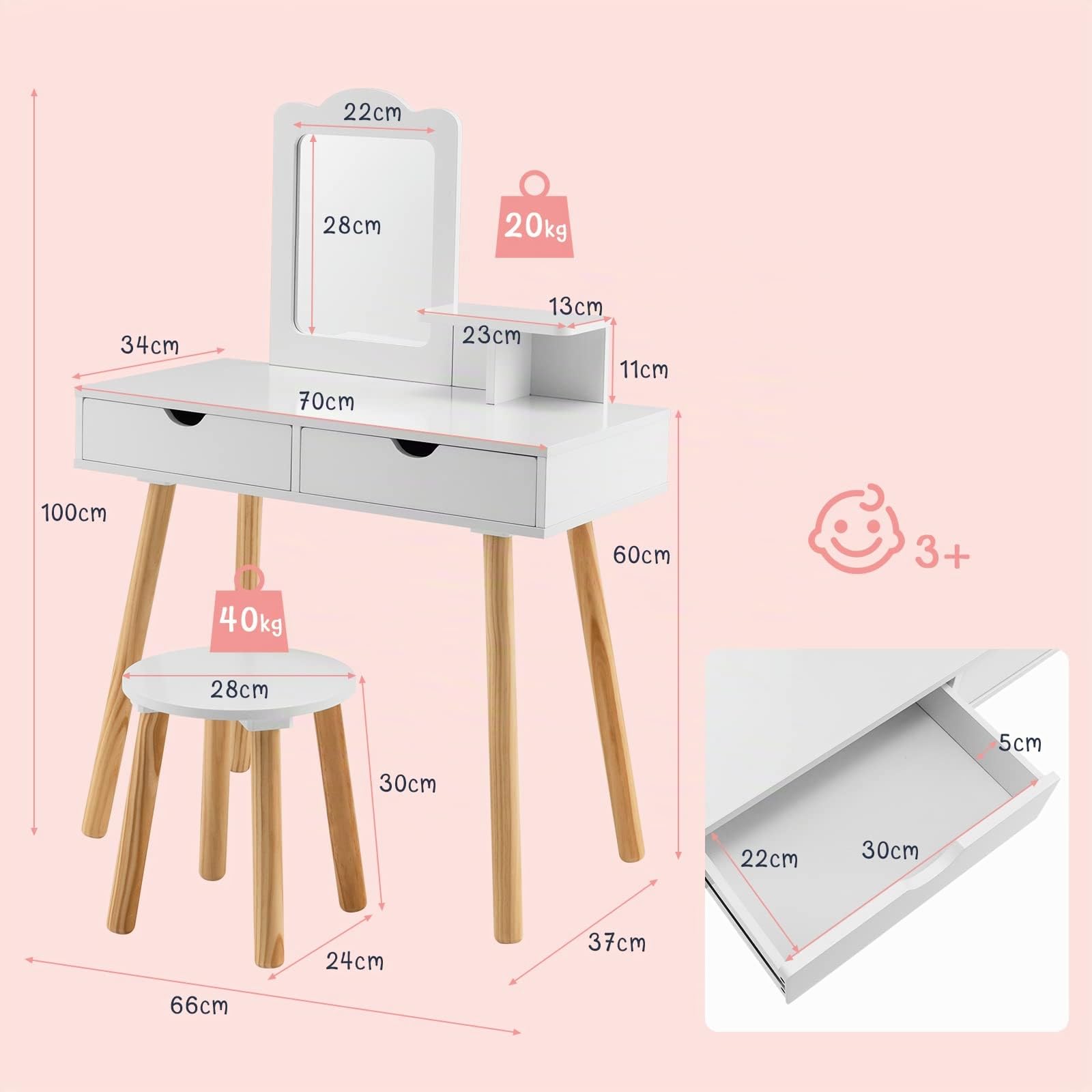 COSTWAY Coiffeuse 2 en 1 pour Enfants - Bureau et Tabouret avec Miroir Amovible, 2 tiroirs, Peigne, Commode en Bois pour Filles âgées de 3 à 7 Ans