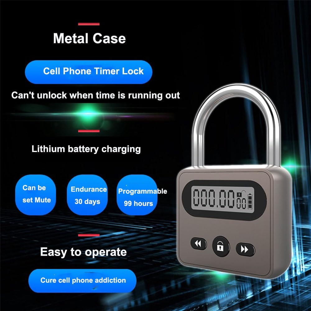 Meichoon Metal Timer Lock Stainless Steel Multi-Function Intelligent Padlock Backlit Display 999 Hours Max Timing for Preventing Addiction and Bad Habits Bronze - Image 2