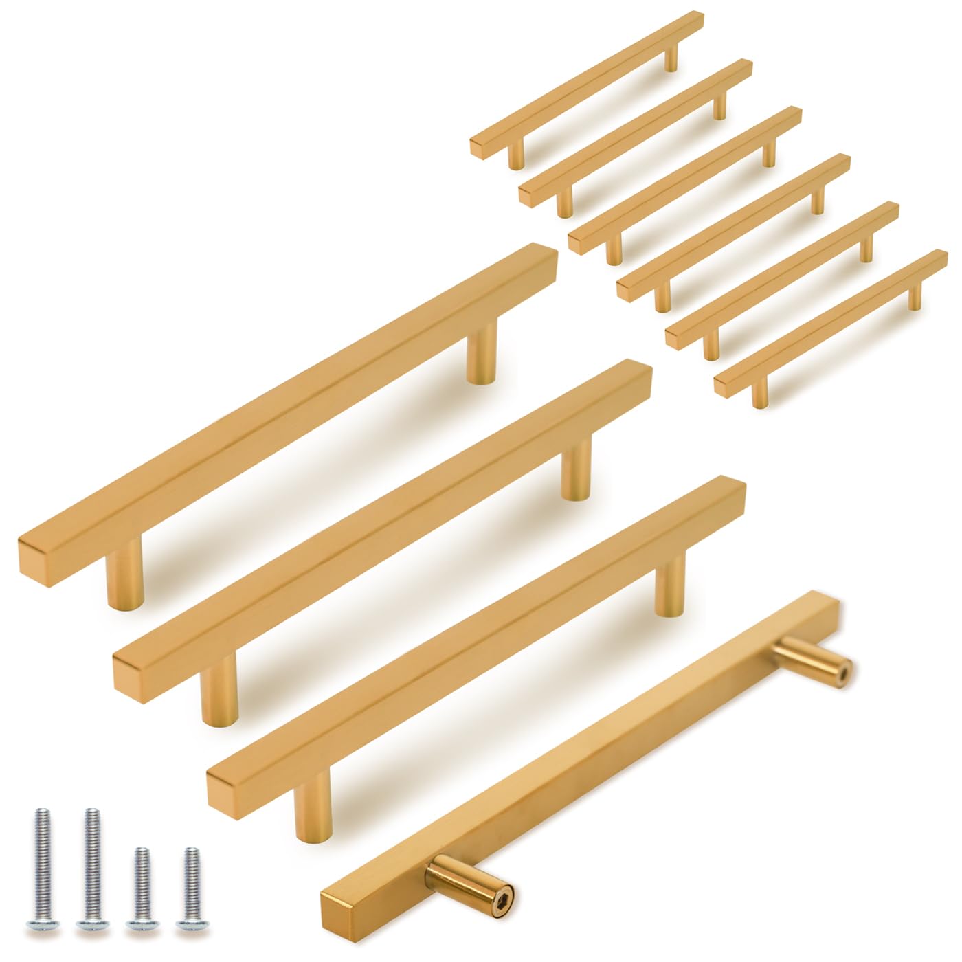 TooCust 10 Pack Brushed Brass Kitchen Cabinet Handles, Cabinet Pulls with 5 Inch (128mm) Hole Centers, Gold Dresser Handle with Brushed Brass Finish,