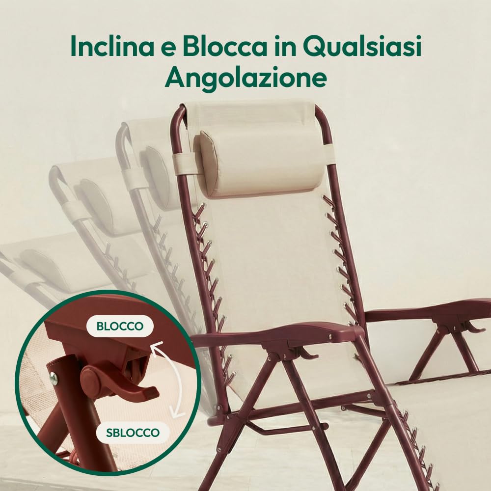 CASABEL Poltrona Relax Gravità Zero Pieghevole con Cuscino, 2 Poltrone Reclinabili Regolabili per Giardino, Balcone o Campeggio con Struttura Acciaio e Tessuto Textilene resistente, Terracotta