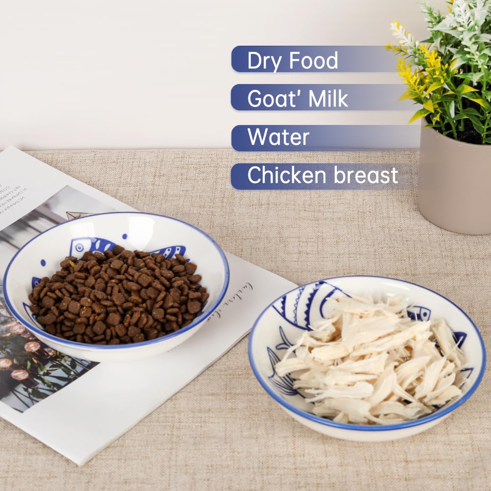 Happy KIT 2 x breite, Flache Katzennäpfe, 240 ml, buntes Teller-Set mit Rutschfester Matte, 14,5 cm Keramik-Katzenschüssel/-Geschirr für den Innenbereich, lindert Müdigkeit von Schnurrhaar,