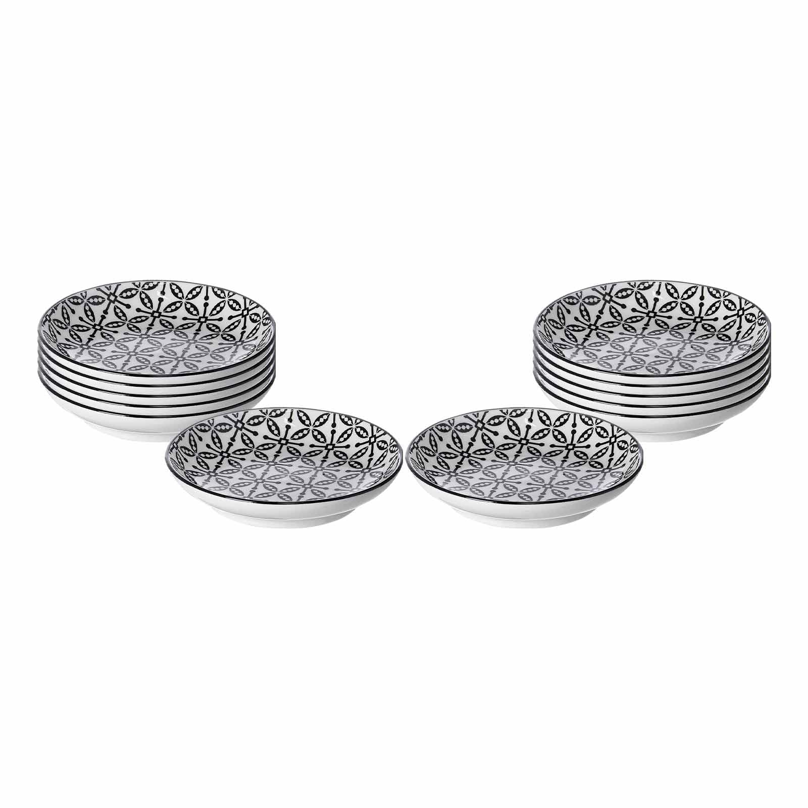 Ritzenhoff & Breker Takeo Leaves Dipschalen 12er Set, 10 cm, Flache Dipschälchen mit vollflächigem Dekor, Skandinavisches Design, Mix-&-Match-Geschirr, Porzellan, Weiß und Schwarz
