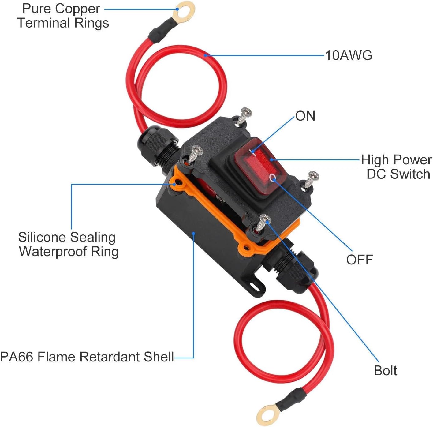 Waterproof Inline Cord Switch DC 12-24V Copper Ring Power Wire On/Off Switch