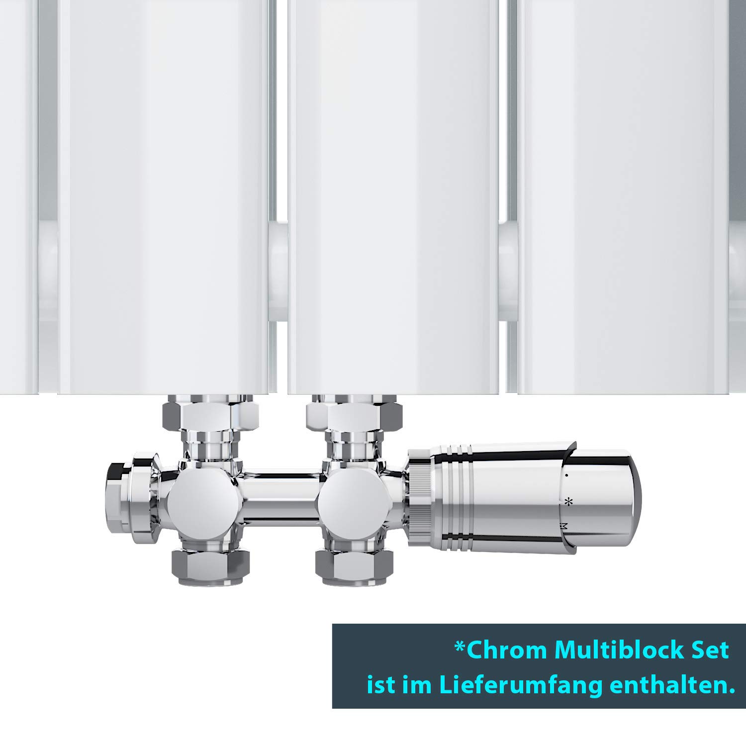 ELEGANT Radiatore di design piatto, 1600 x 462 mm, con termostato cromato multiblocco, colore bianco, doppio strato, verticale, collegamento centrale