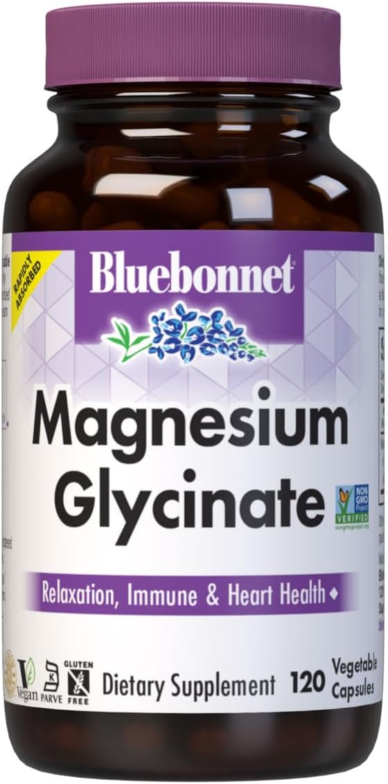 Bluebonnet Nutrition Magnesium Glycinate 400mg Maximum Absorption Mineral Complex Supports Energy Production & Enzyme Function - Non-GMO, Soy-Free, Gluten-Free - 120 Veggie Capsules