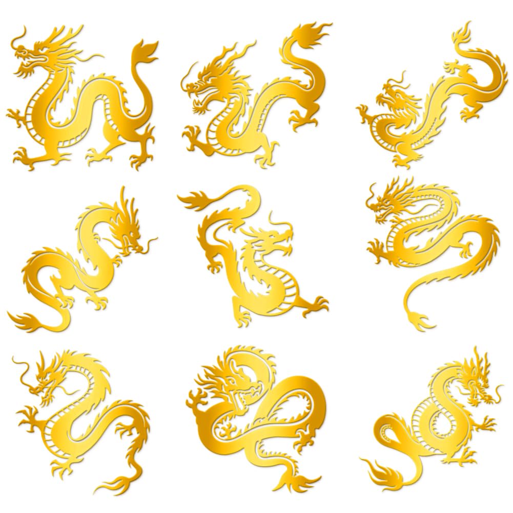 Hobbspring 9Pcs Golden Self Adhesive Stickers 4cmx4cm Dragon Metal Decals Oriental Dragon Waterproof Decorate Stickers for Scrapbooks DIY Resin Crafts Phone Water Bottle Decoration