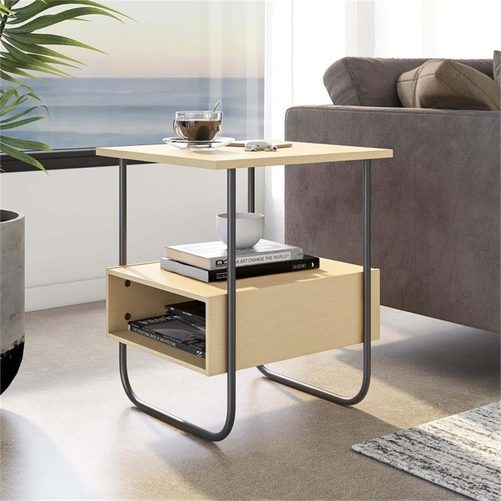 BOWERY HILL Contemporary 2-Shelf End Table, 18.5"x17.5"x22", Light Maple Finish, MDF Composite Board with Metal Legs, Open Shelf Storage, Side Compartments, Living Room or Bedroom Furniture