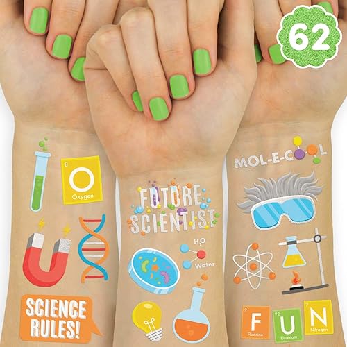 xo, Fetti Tatuajes temporales de fiesta de ciencia - 62 estilos de lámina plateada | Suministros para fiestas de cumpleaños de científicos locos del