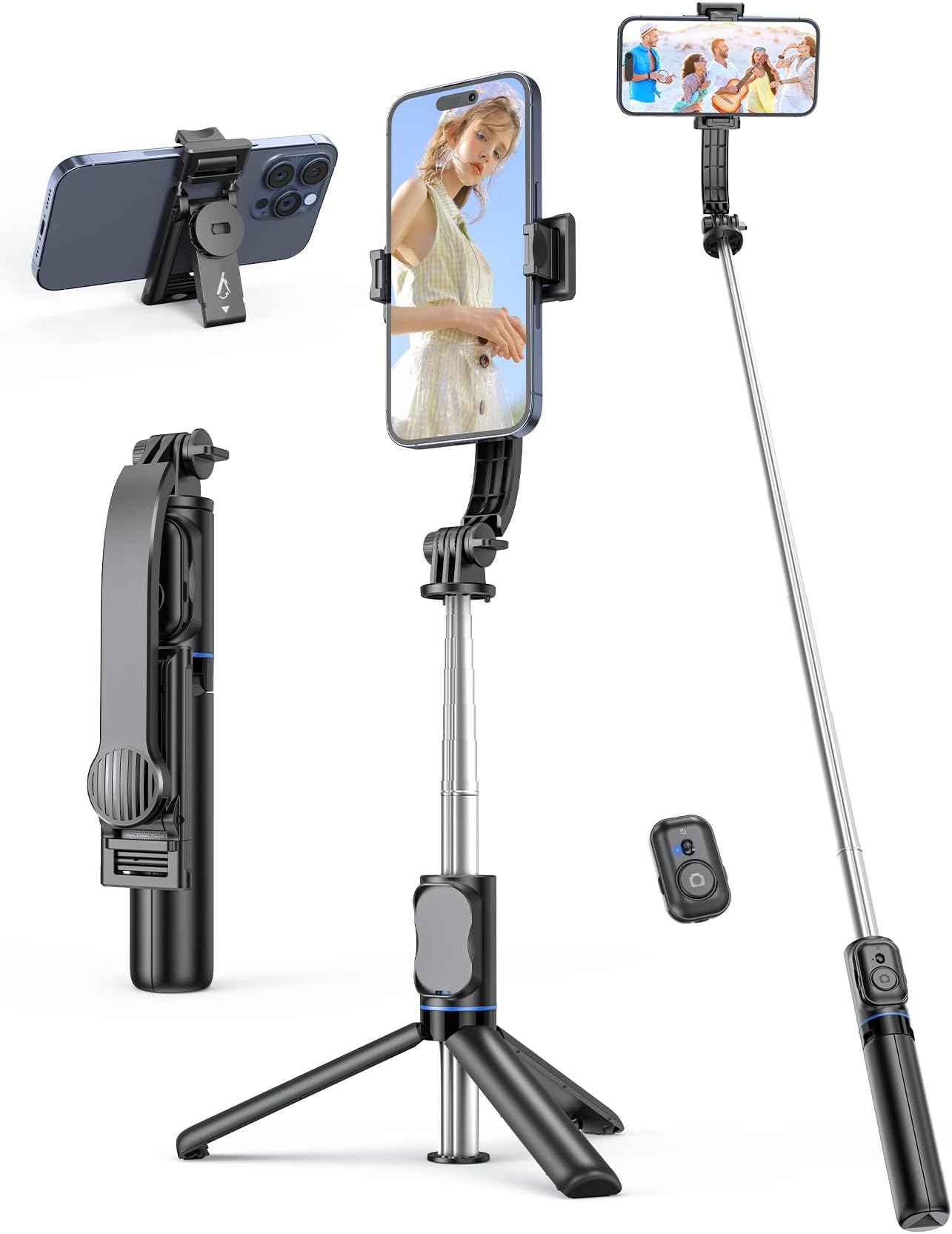 Selfie Stick Tripod with Detachable Phone Holder, 41.7" Extendable Phone Tripod with Remote, 360° Rotatable Selfie Stick For iPhone, Samsung, and Android Smartphones (Black)
