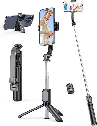 Selfie Stick Tripod with Detachable Phone Holder, 41.7" Extendable Phone Tripod with Remote, 360° Rotatable Selfie Stick For iPhone, Samsung, and Android Smartphones (Black)