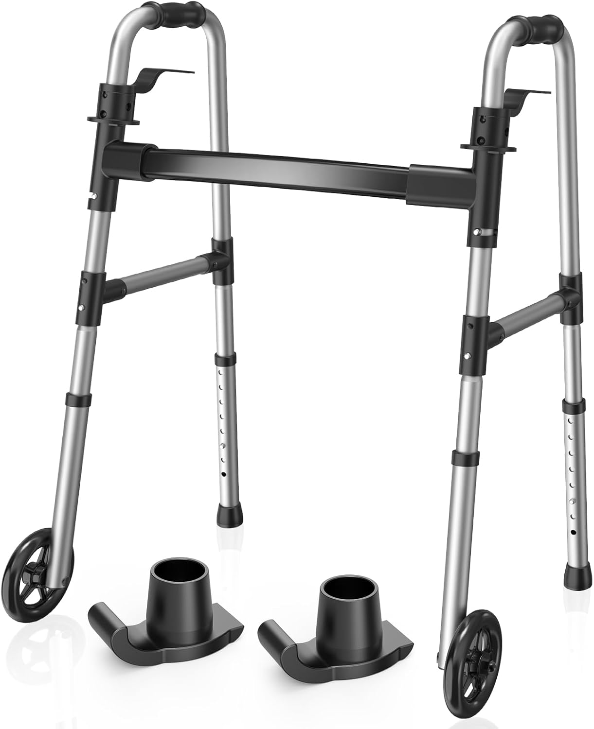 Folding Walker with 2 Skis and 5" Wheels, Lightweight Walkers for Seniors and Adults, Supports Up to 350 Pounds, Adjustable Height, Compact Standard Walker, Black Walker With Skis