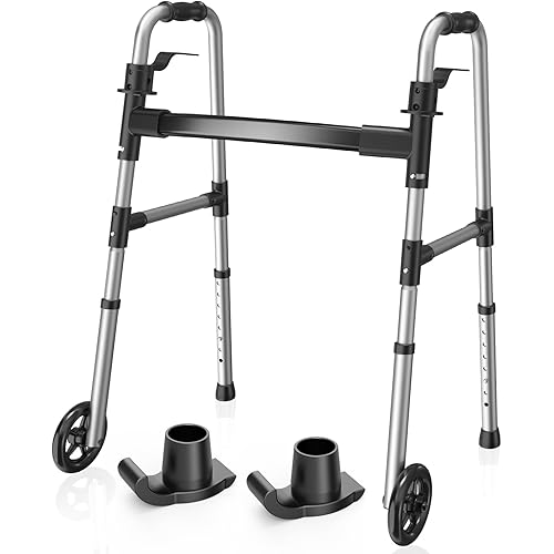 Folding Walker with 2 Skis and 5" Wheels, Lightweight Walkers for Seniors and Adults, Supports Up to 350 Pounds, Adjustable Height, Compact Standard Walker, Black