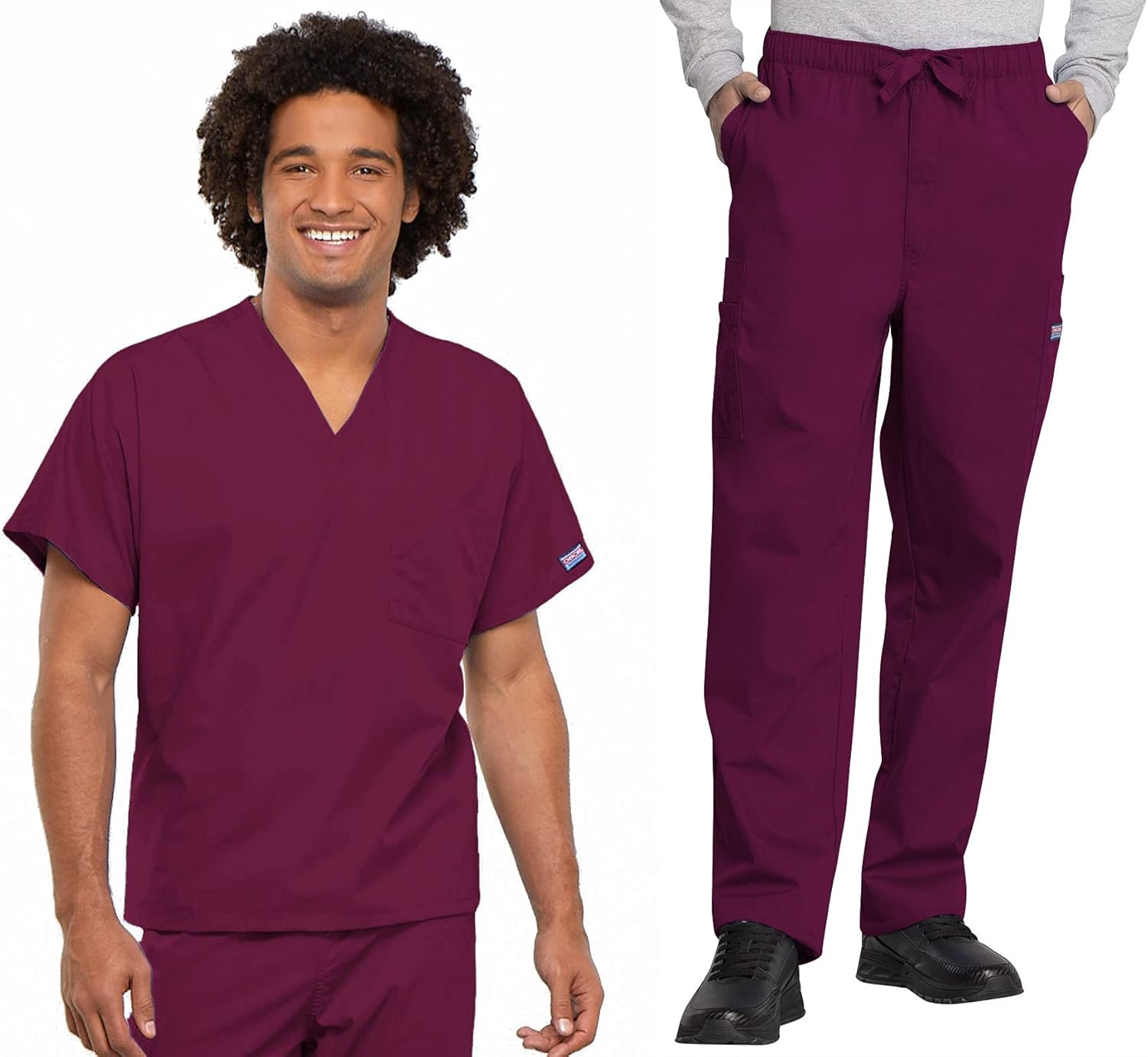 Cherokee Scrub Set for Men and Women, Traditional Fit V-Neck Scrub Top 4777 with Natural Rise, Elastic Waist Pant 4000