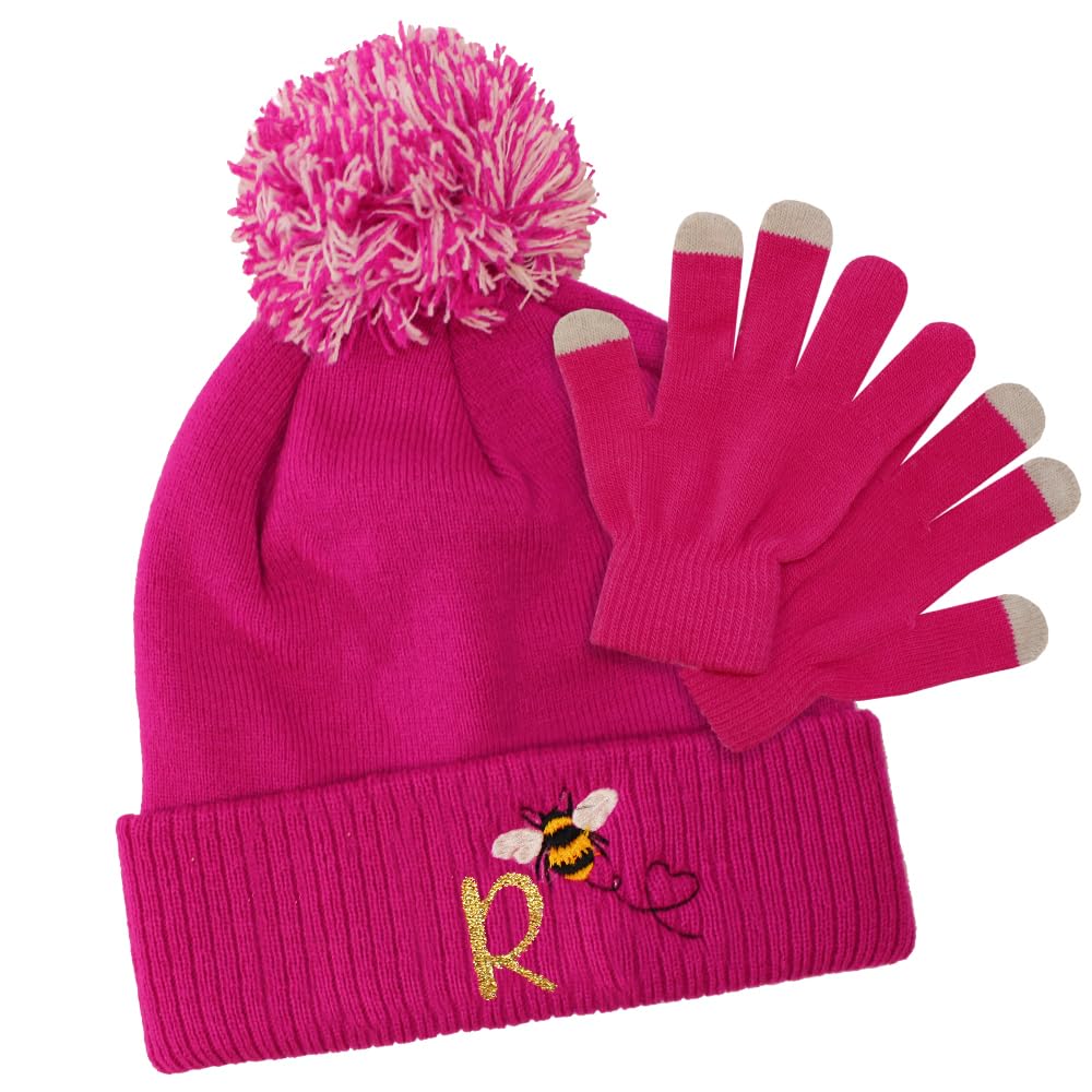 TeddyT's Personalised Girl's Bee Sparkly Initial Embroidered Bobble Hat & Touchscreen Glove Set (6-12 Years) Pink