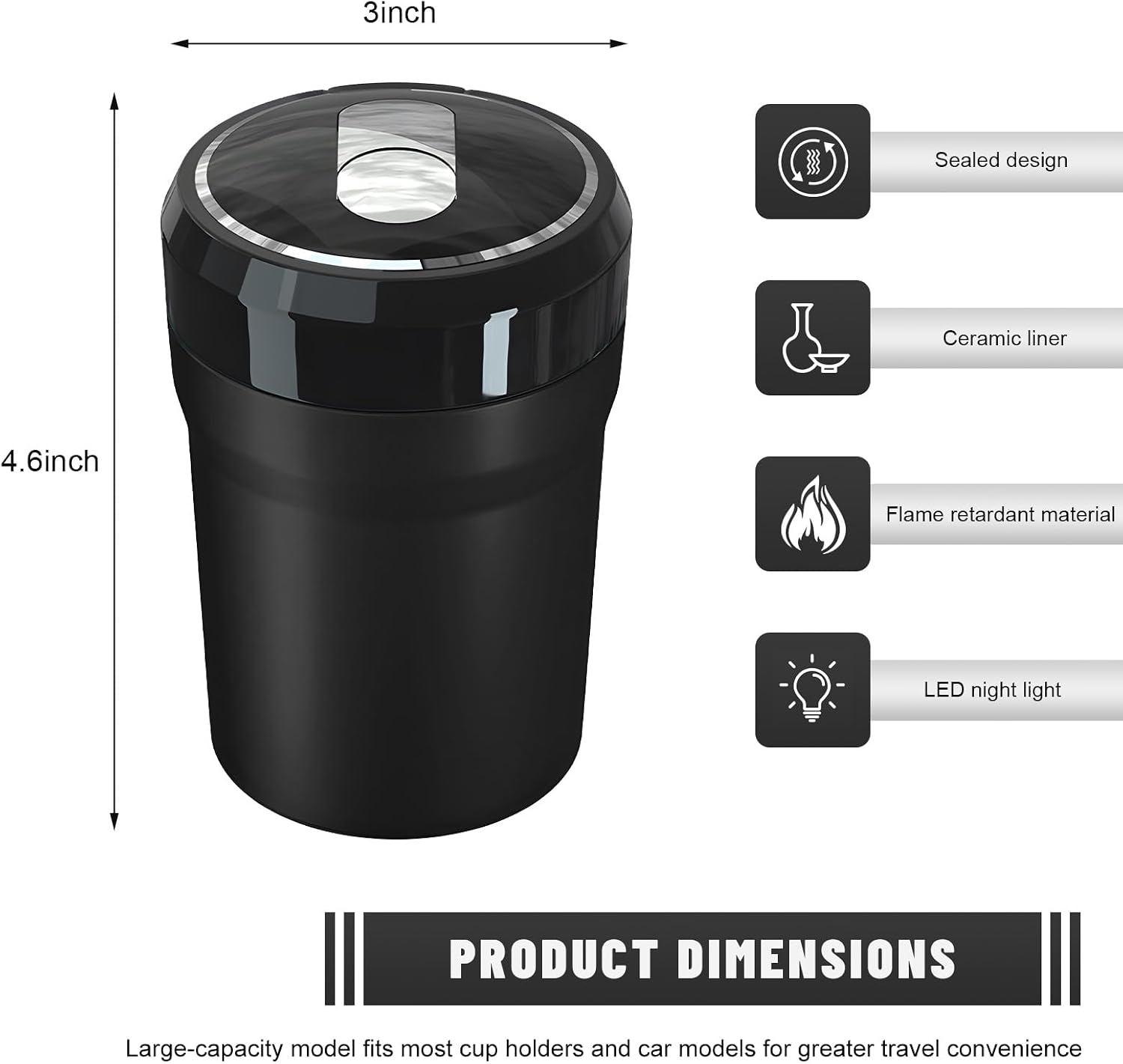 Car Ashtray with Lid, Detachable Smokeless Vehicle Cylinder Ashtray with LED Night Light, Portable Cup Holder Cigarette Trash Can Smellproof Ash Tray for Car Home Office (Black, Large)