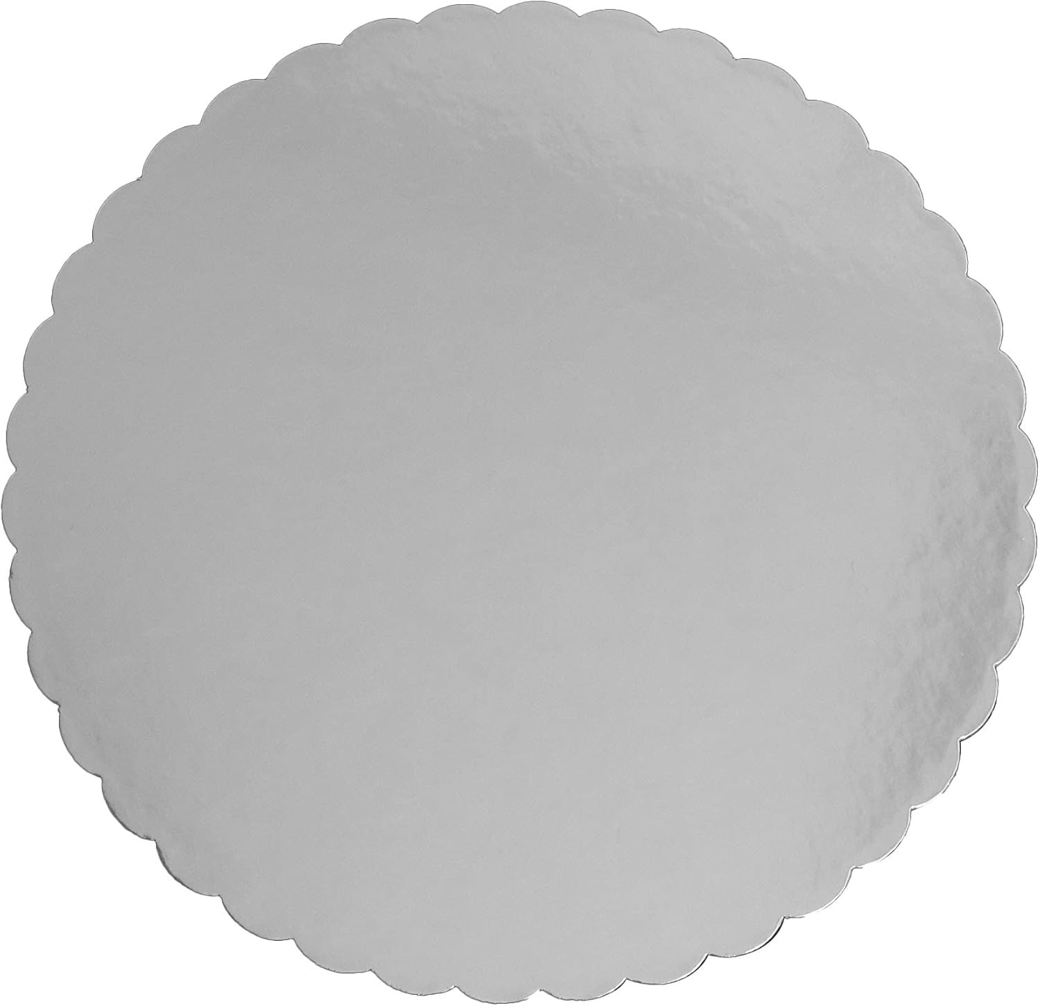 Cake Board 11-7/8 Inch Diameter - Thick Strong Compact Heavyweight Non-Corrugated Cardboard - Scalloped-Edge Circle with White Bottom and Silver-Foil Top - Case of 50