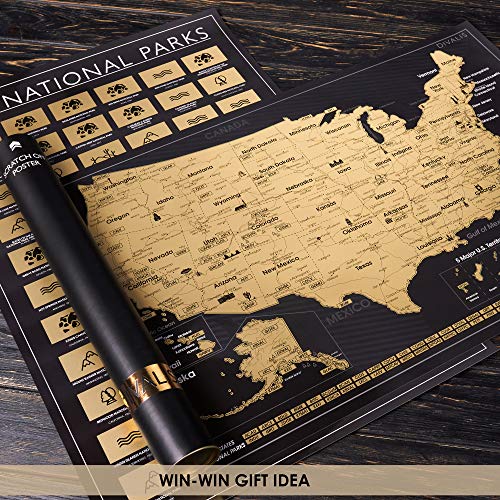 2 In 1 Gift Set - Scratch Off Us Map And 63 National Parks Poster - 24X16 Easy To Frame Scratchable United States Of America Posters - Globetrotters Wall Map - Black And Gold Travel Tracker #TOP7