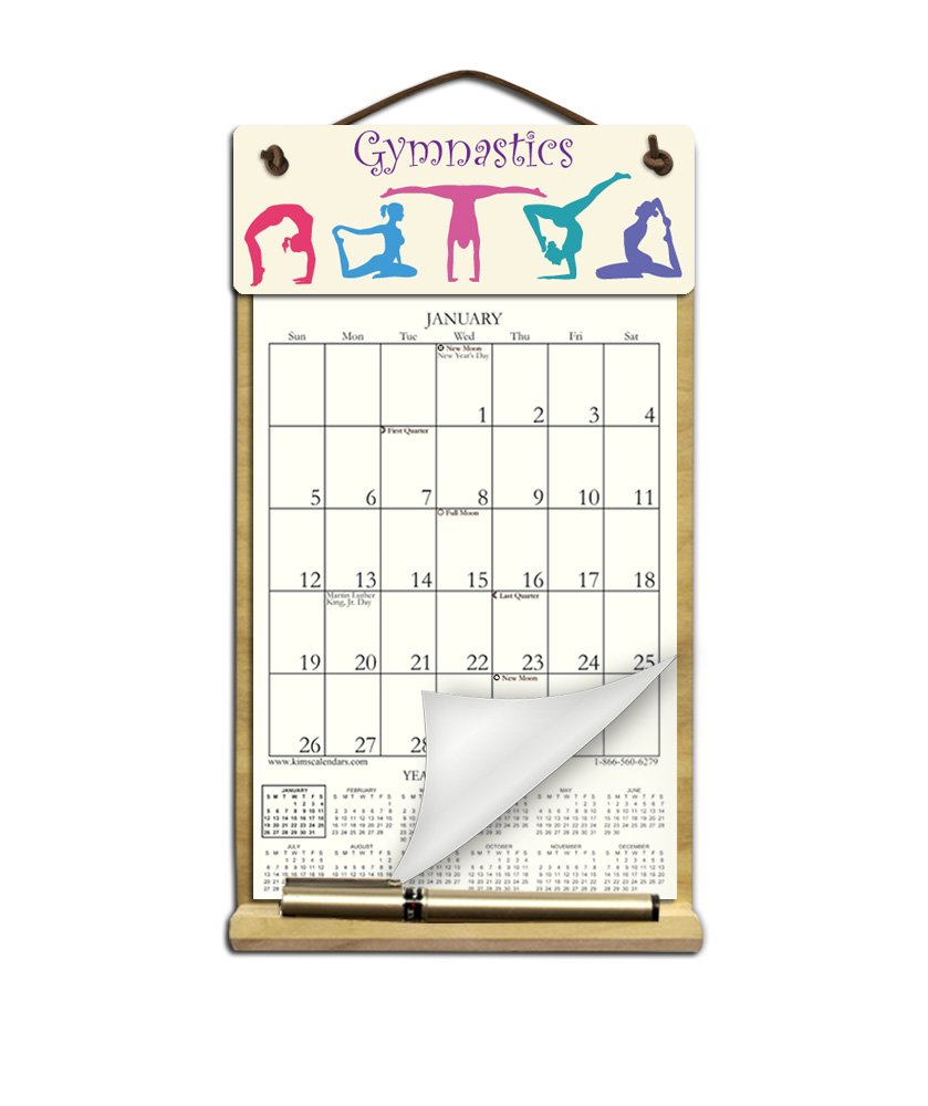 Small 7" x 12" Wooden Refillable Calendar Holder Filled with a 2026 Calendar and Includes an Order Form Page for 2027 - Gymnastics