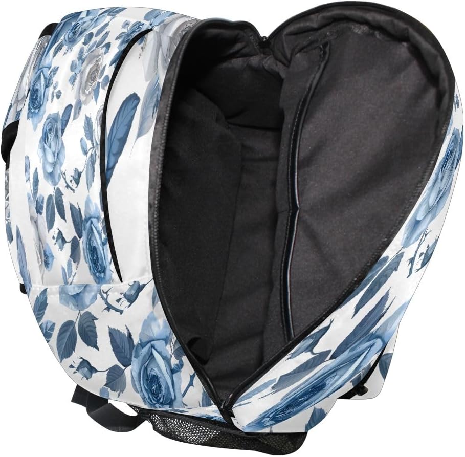 senya Blue White Rose Backpack School Bag Travel Daypack for Boys Girls