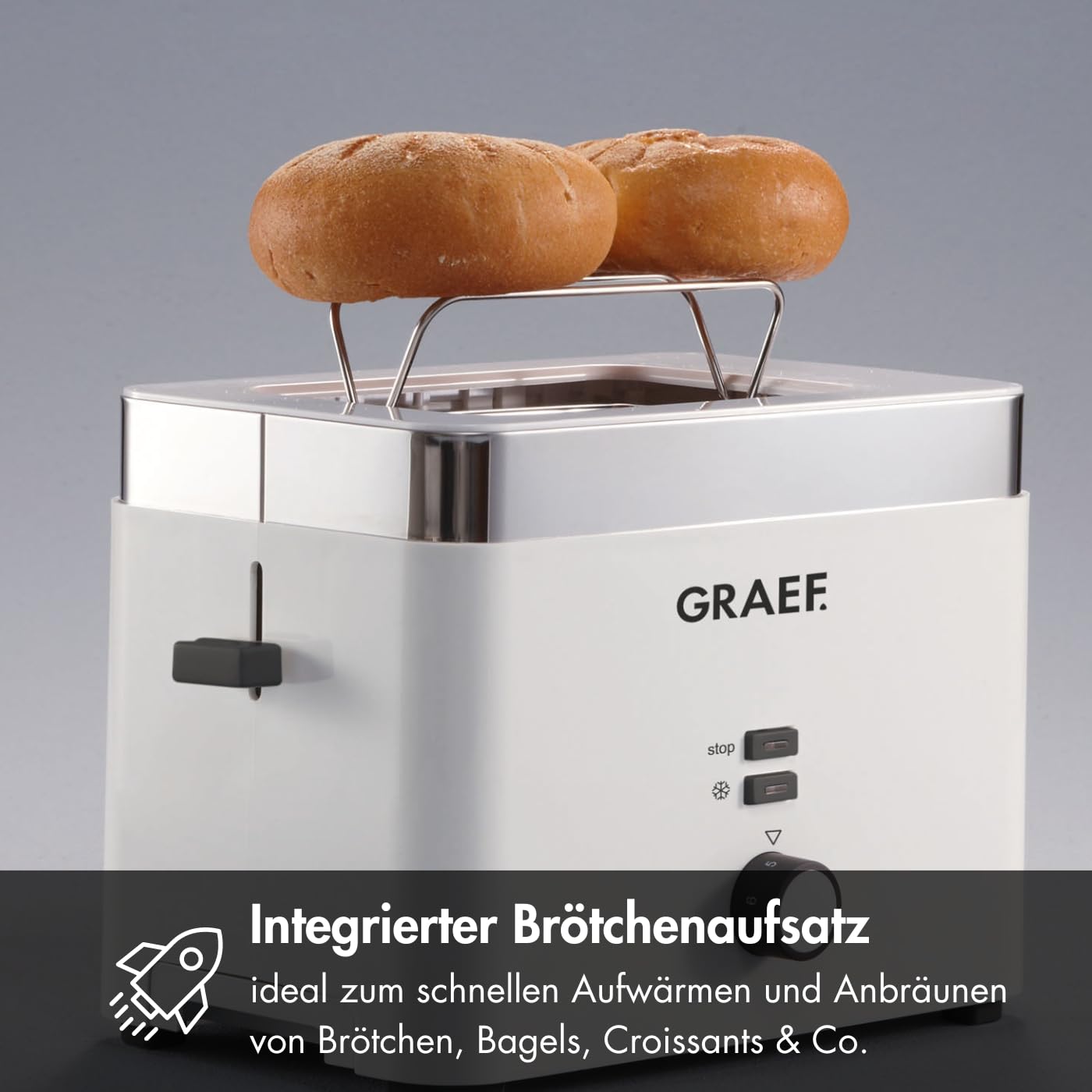 GRAEF Toaster TO61 Weiß 2-Scheiben-Toaster mit Brotscheibenzentrierung, Brötchenaufsatz, 6 Bräunungsstufen und Krümelschublade, Stopp-Taste, Auftaufunktion, Nachhebevorrichtung, Sicherheitsabschaltung