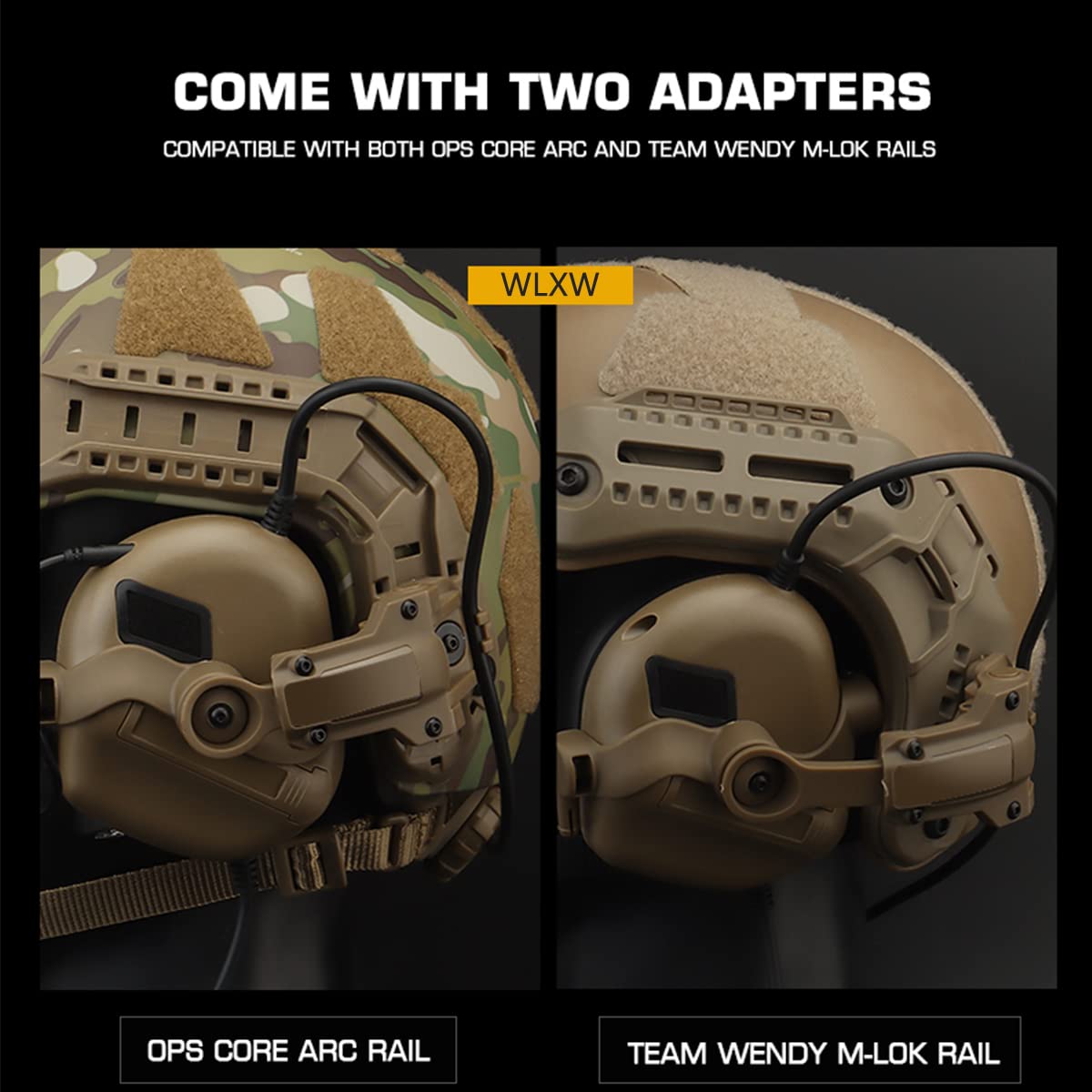 WLXW Auriculares Tácticos para Airsoft (Montados En La Cabeza Y Montados En El Casco), Orejeras Tácticas Aire Libre (Sin Reducción Ruido), con Brazo Adaptador Riel ARC para Casco