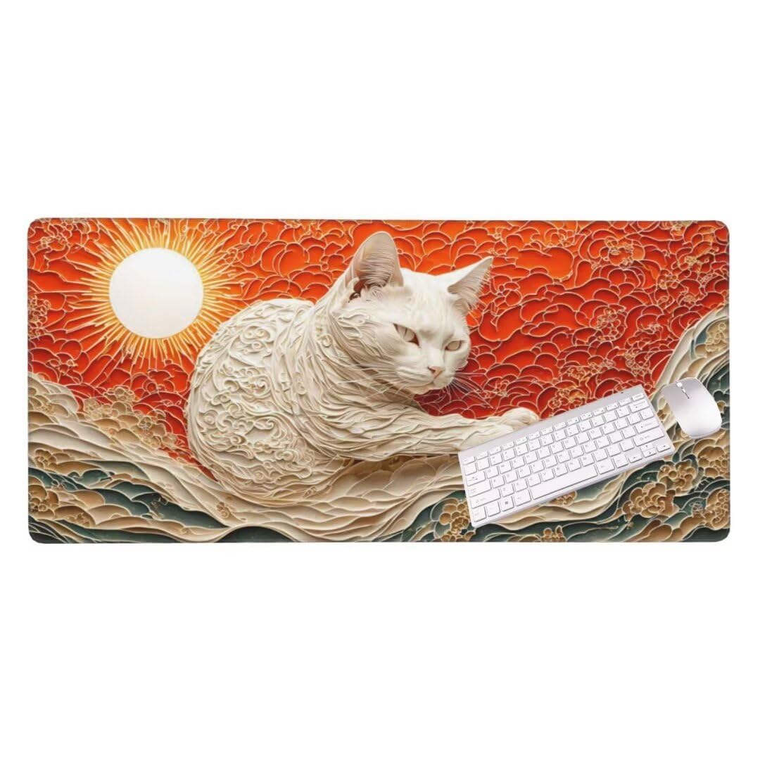 Alfombrilla de ratón 1400x600x3 MM, Alfombrilla Ratón XXL Extendida de Gran Tamaño con Bordes Cosidos, Base de Goma Antideslizante Almohadilla para Teclado, Gatos japoneses S-10595