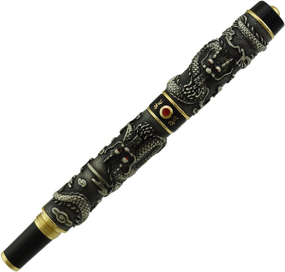 Lanxivi Roller Ball Pen Double Gray Dragon Playing Pearl Engravement with Pen Pouch