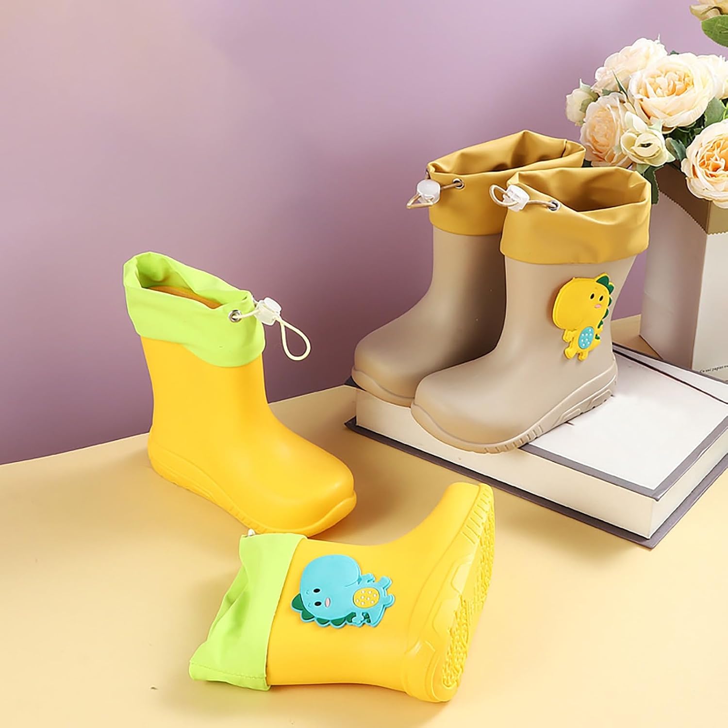 Toddler Rain Boots Kids Boys Girls Cute Dinosaur Graphic Waterproof Rubber Rainboots Lightweight Non-Slip Rain Shoes
