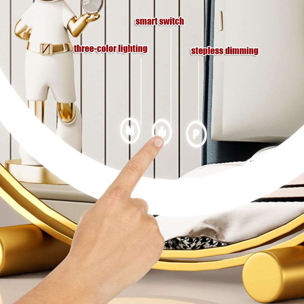 Espejo de maquillaje giratorio de 360°, espejo iluminado HD, control táctil inteligente, iluminación regulable de 3 colores, metal e (15.7 x 18.5 pulgadas), perfecto para el cuidado y el aseo.
