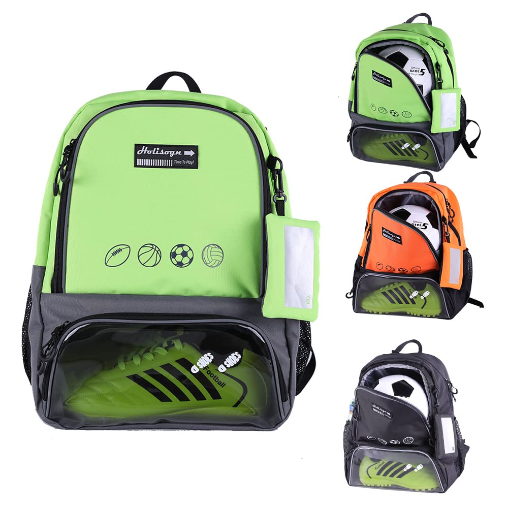 Holisogn Youth Soccer Bag - Backpack for Soccer, Basketball, Volleyball, Football with Separate Ball Compartment and Transparent Window Cleat Compartment, Built-in 2 Wet Pockets (Passion Green HLS026)