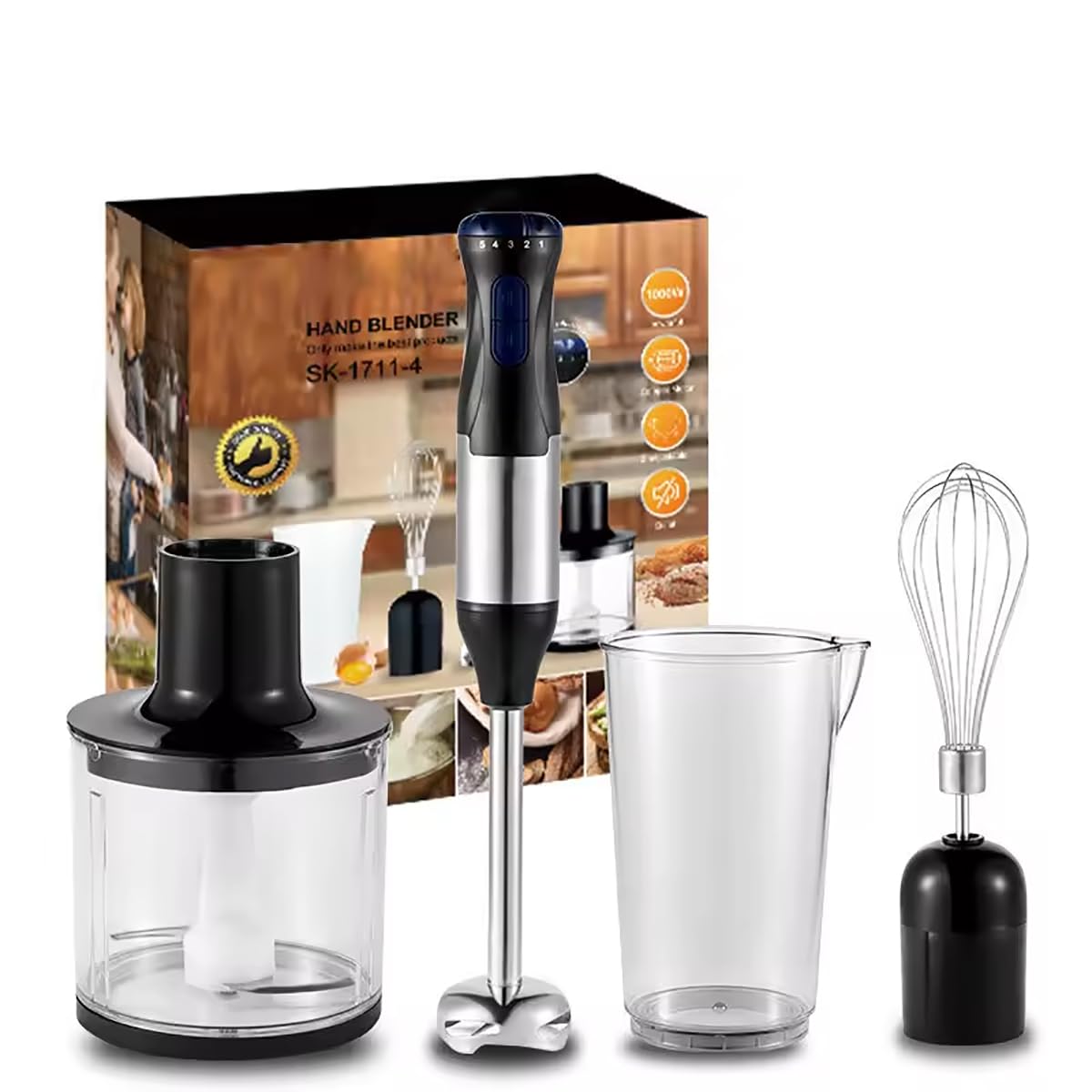 Espumador de leche, batidora de inmersión de mano, potente batidora de mano de 1000 W, ajuste de velocidad de 5 velocidades, batidor inteligente de acero inoxidable con batidores de huevos y