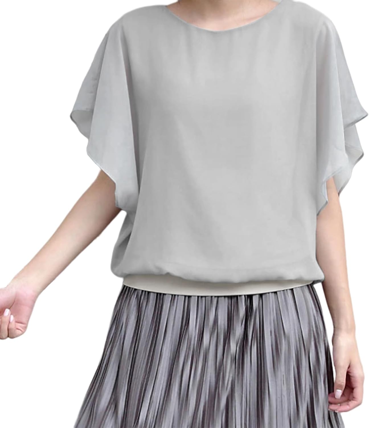 [MEME XTRA] メメエクストラ ブラウス レディース 半袖 シャツ カットソー オフィス 夏 春 シフォン フリル フレア トップス tシャツ 夏服 裏地付 ドルマン おしゃれ 大きいサイズ ゆったり 無地 かわいい キレイめ ジョーゼット 上品  Amazonで販売中