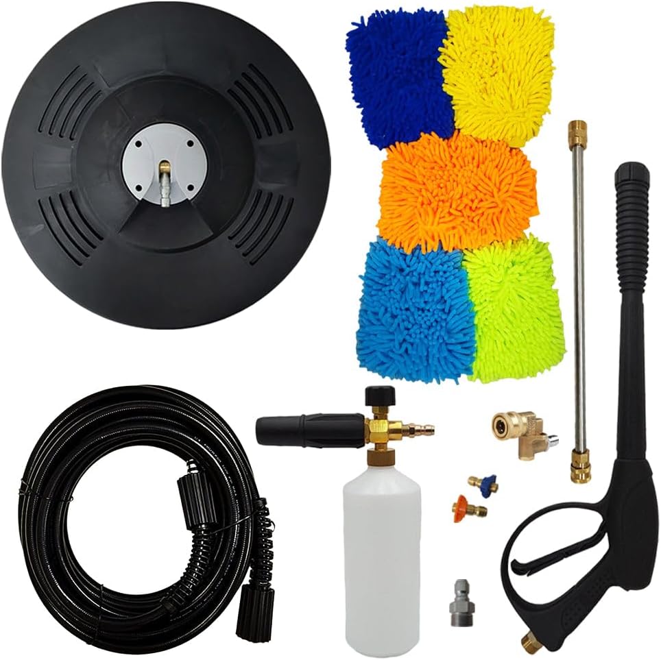 proven part 15" Floor Scrubber, 50' Hose, Pro-Gun Kit & Quick Connect, 1/4" Quick Connect Pivoting Coupler, Nozzle Kit, Foam Lance, (5) Microfiber Mitts