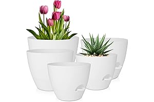 Self Watering Pots for Indoor Plants - 10"x9"x8"x7.5"x7" Planters Set with Drainage Holes and Saucers